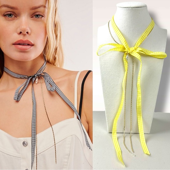Free People Sitting Pretty Bow Choker Necklace in Yellow Gingham Picnic Spring - Picture 1 of 10